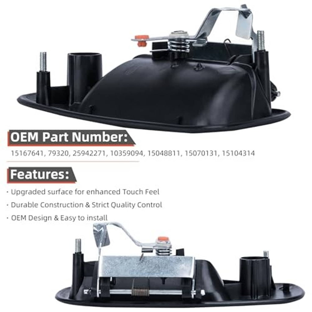 Disassembled exterior door handle mechanism with black housing and metal parts