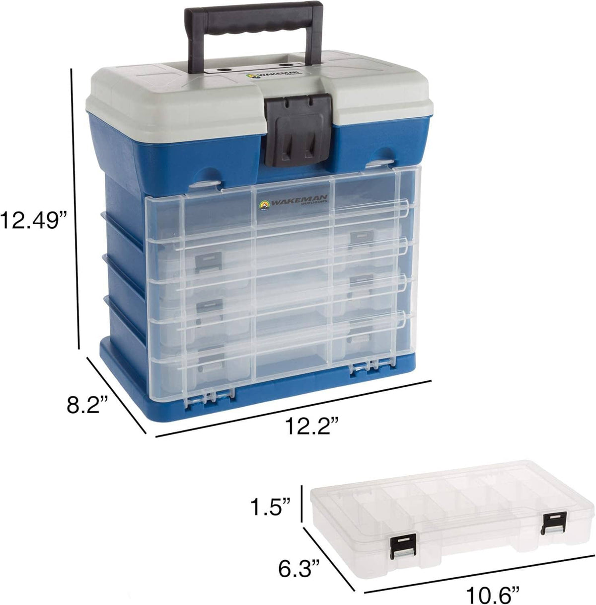 Blue tool storage box with clear 4-drawer drawers and handle on top, closed