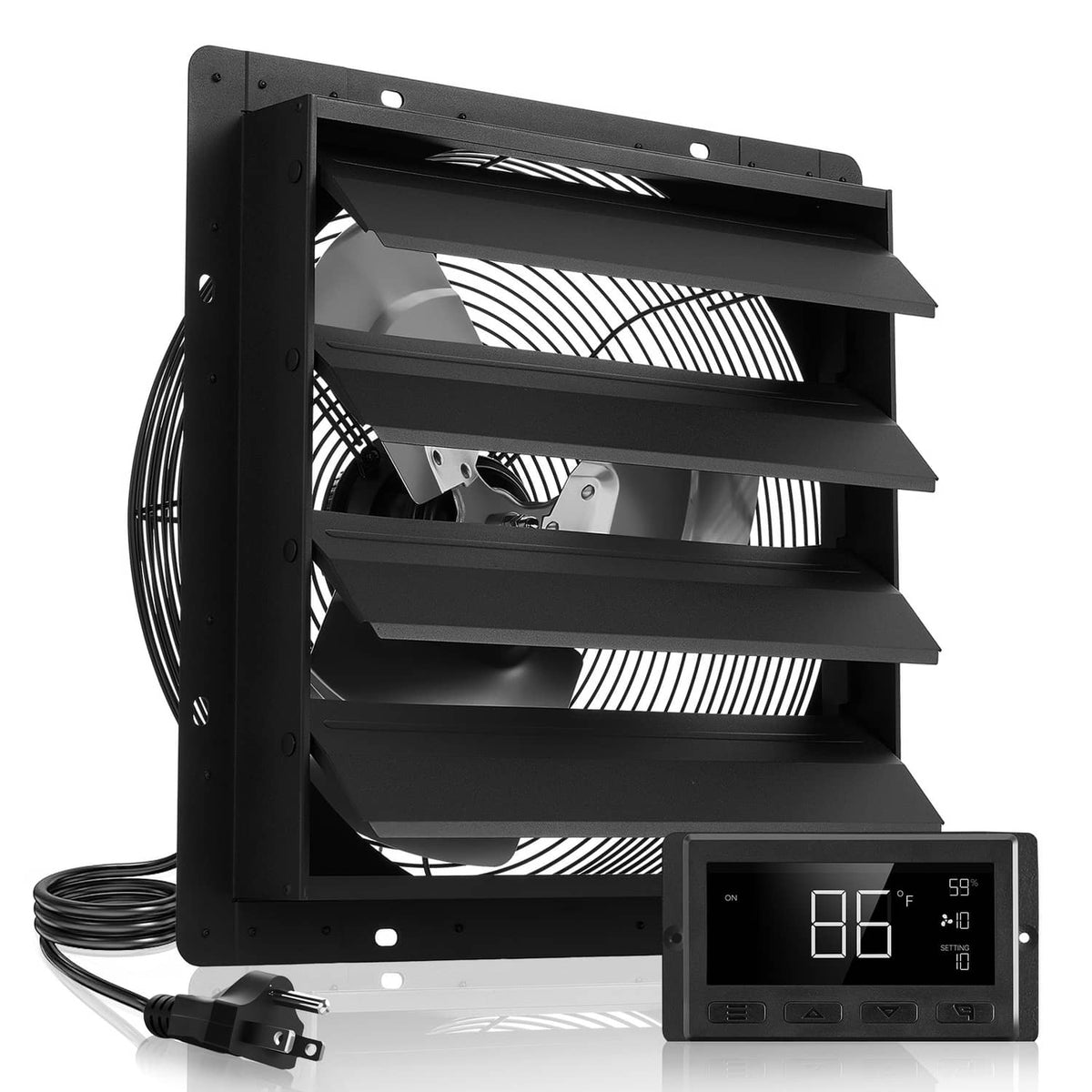 Black wall exhaust fan with open shutter louvers, fan blades, and smart controller
