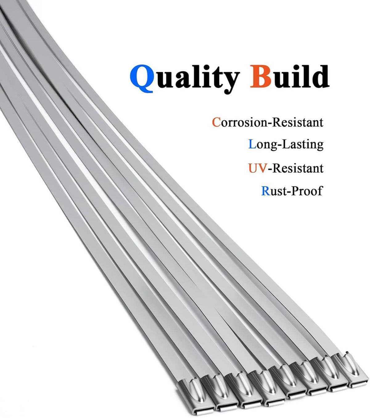 Stainless steel metal zip ties laid flat, showing long slotted metal strap and heads