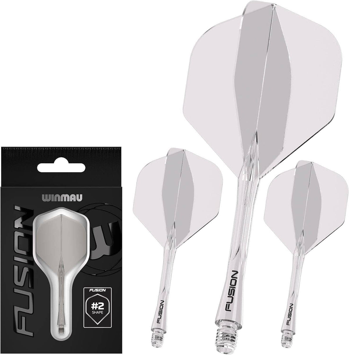 Three darts with octagonal white flights and clear stems on silver shafts