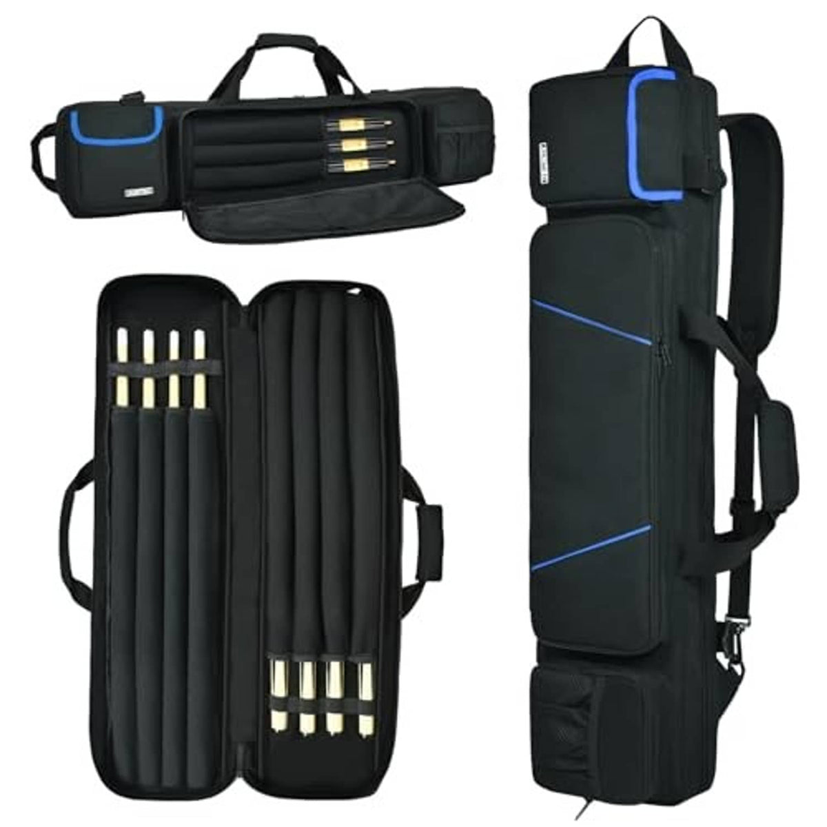 Black 4-cue pool cue case bag open with internal slot rows and blue trim