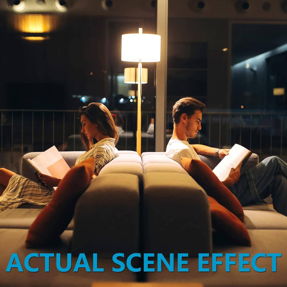 Warm white LED bulb glowing inside an indoor lamp shade, E26 screw base