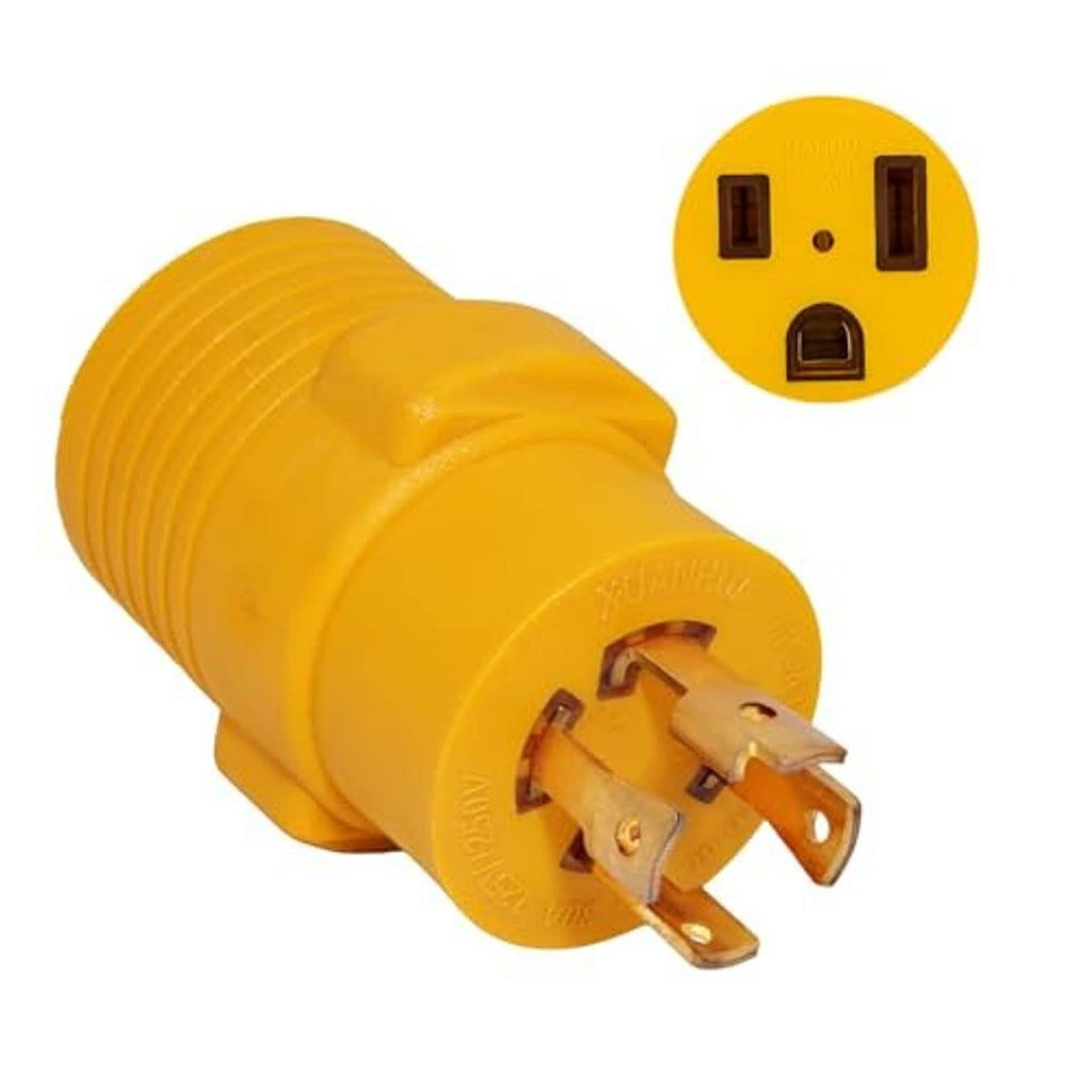 NEMA L14-30P male generator adapter plug with 4 metal prongs on yellow housing