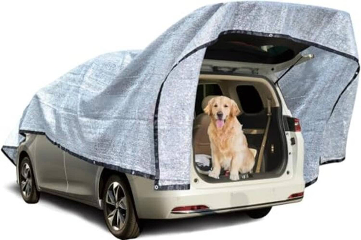 Gray reflective car shade cloth covering the vehicle roof with a curved front opening