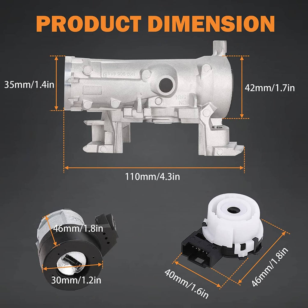 Ignition switch lock cylinder with measurement diagram and white electrical connector