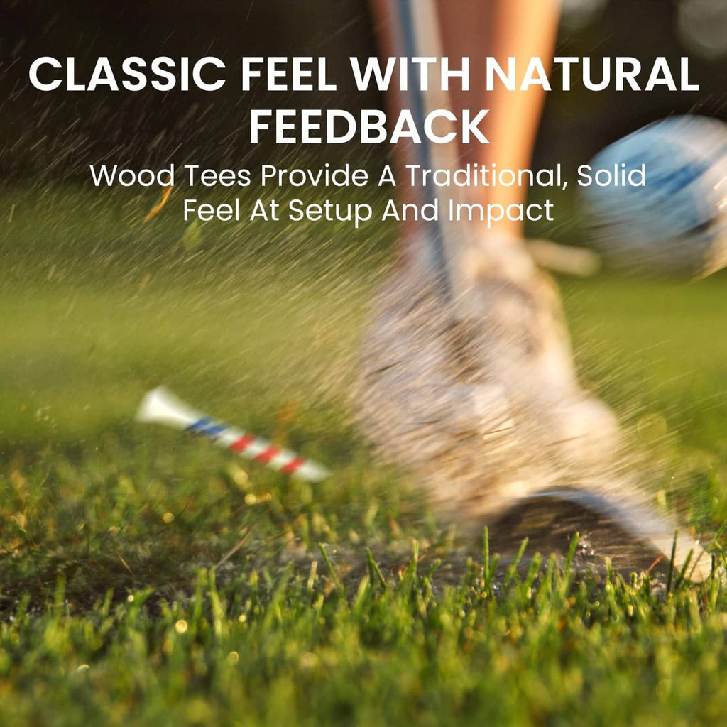 Natural wood golf tees scattered on grass with a golf ball nearby