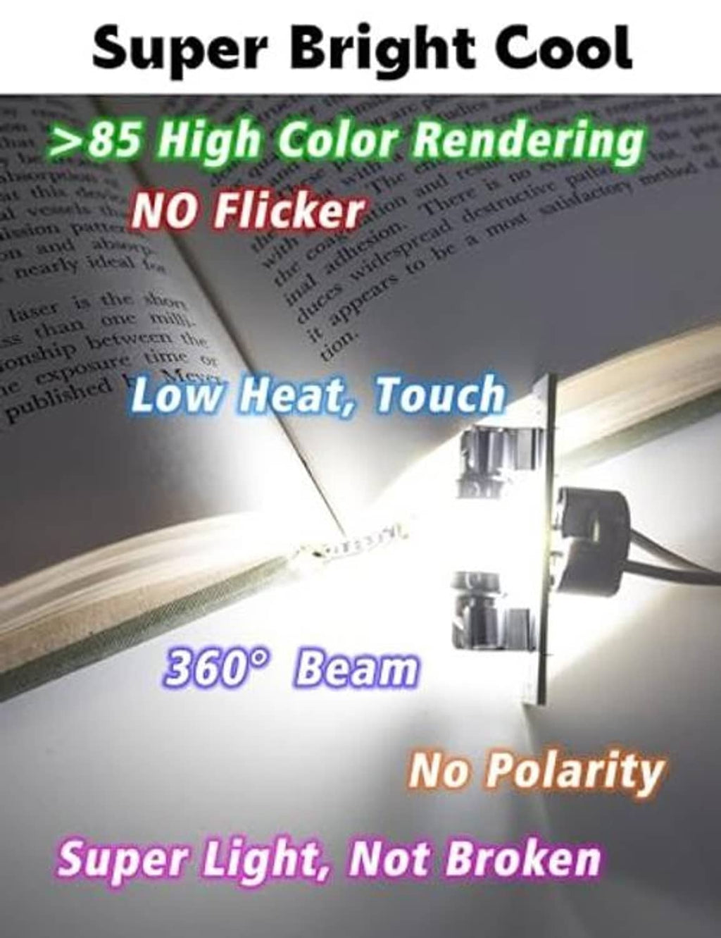LED bulb lighting performance infographic, 360° beam and no flicker