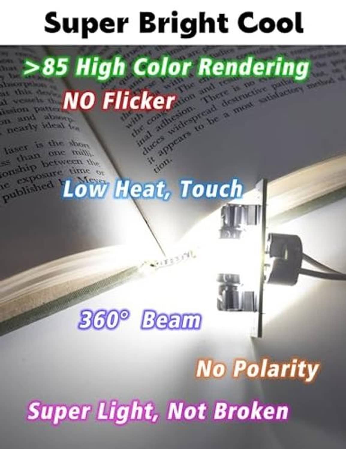LED bulb lighting performance infographic, 360° beam and no flicker