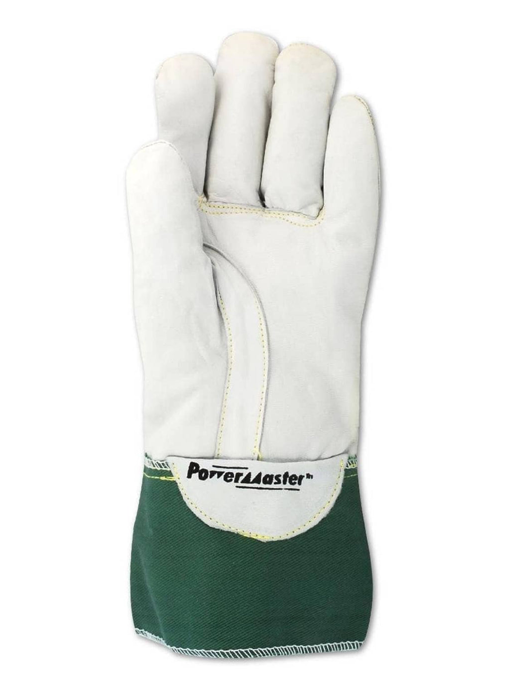 Leather electrical work glove, white palm with green cuff and PowerMaster logo