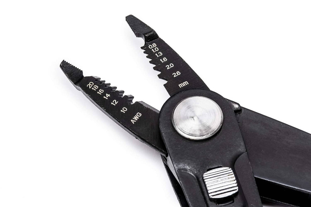 Close-up of wire stripper gauge markings on black pliers with round pivot.