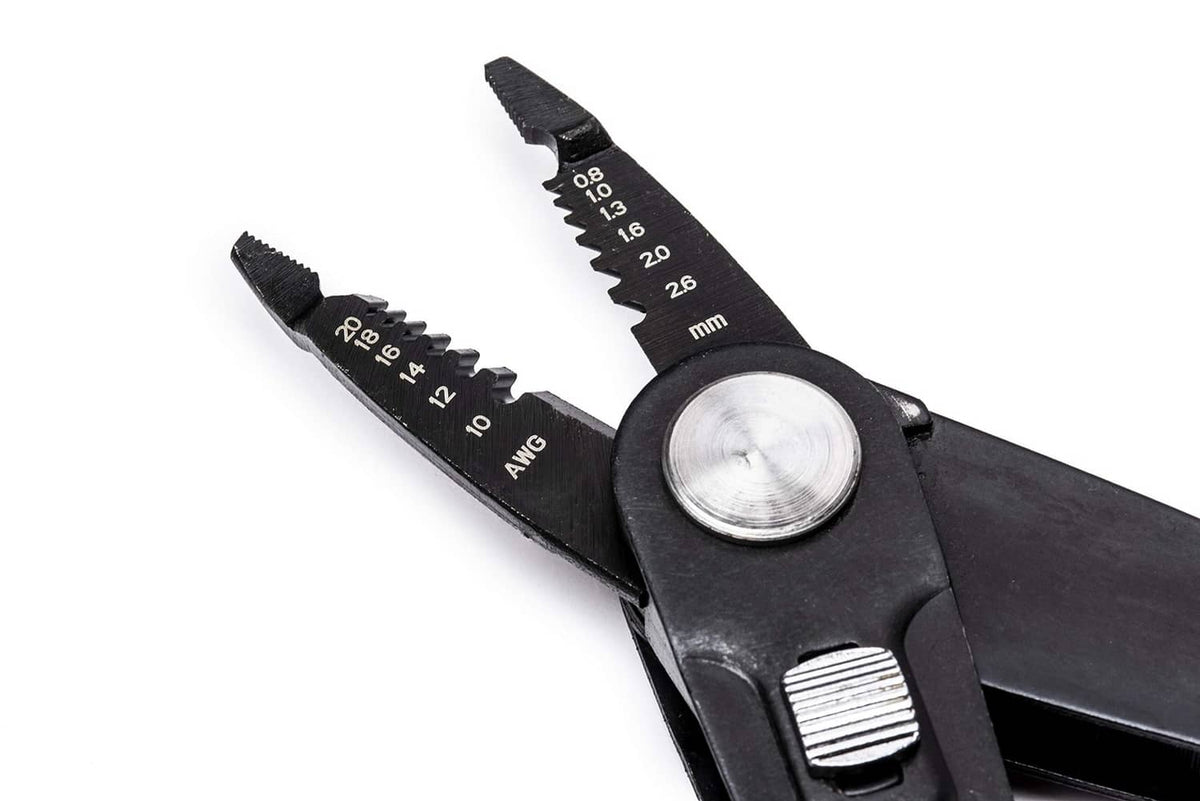 Close-up of wire stripper gauge markings on black pliers with round pivot.