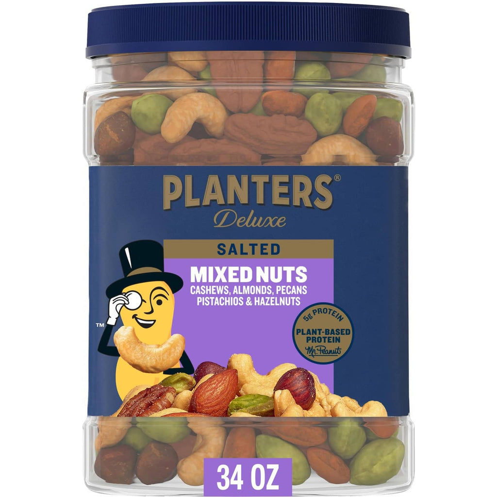 Mixed nuts jar, salted cashews, almonds, pecans, pistachios & hazelnuts, 34 oz