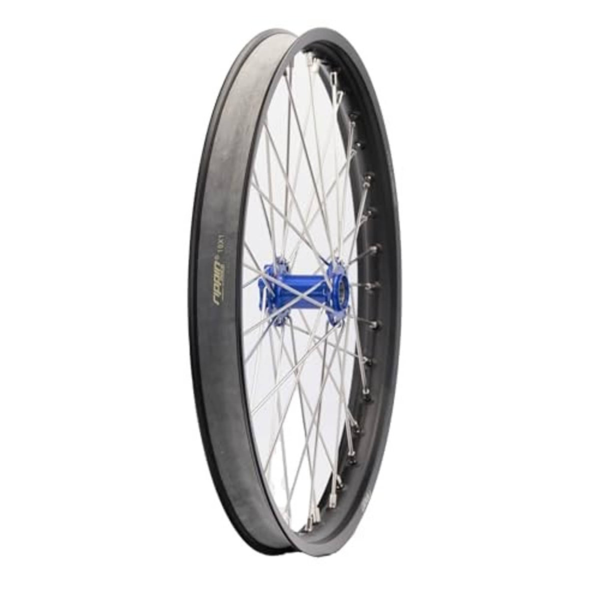 Motorcycle wheel with gray rim strip installed around the rim edge