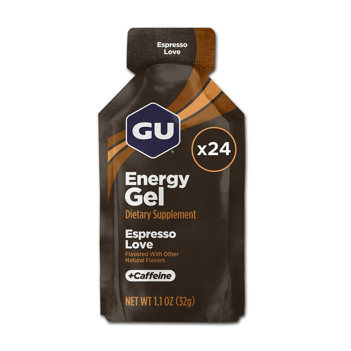 GU Energy Gel packet, Espresso Love flavor, x24 pack, net wt 1.1 oz (32 g)