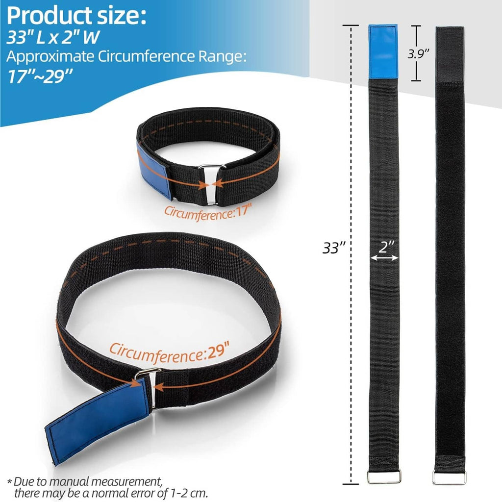 Black tie-down straps with blue hook-and-loop pads, shown with size markings