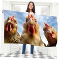 Large double-sided chicken portrait flag with three cartoon chicken faces on blue background