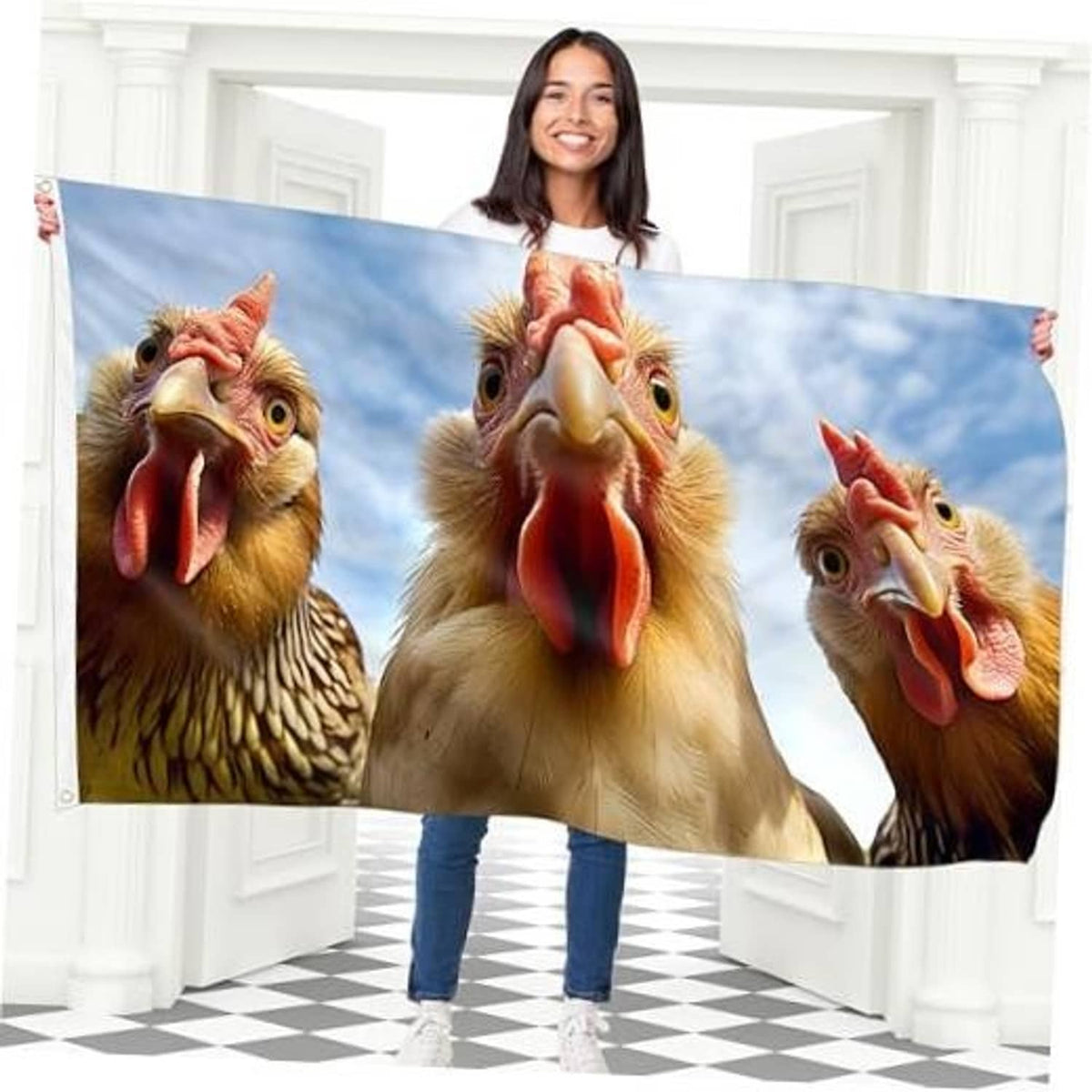 Large double-sided chicken portrait flag with three cartoon chicken faces on blue background