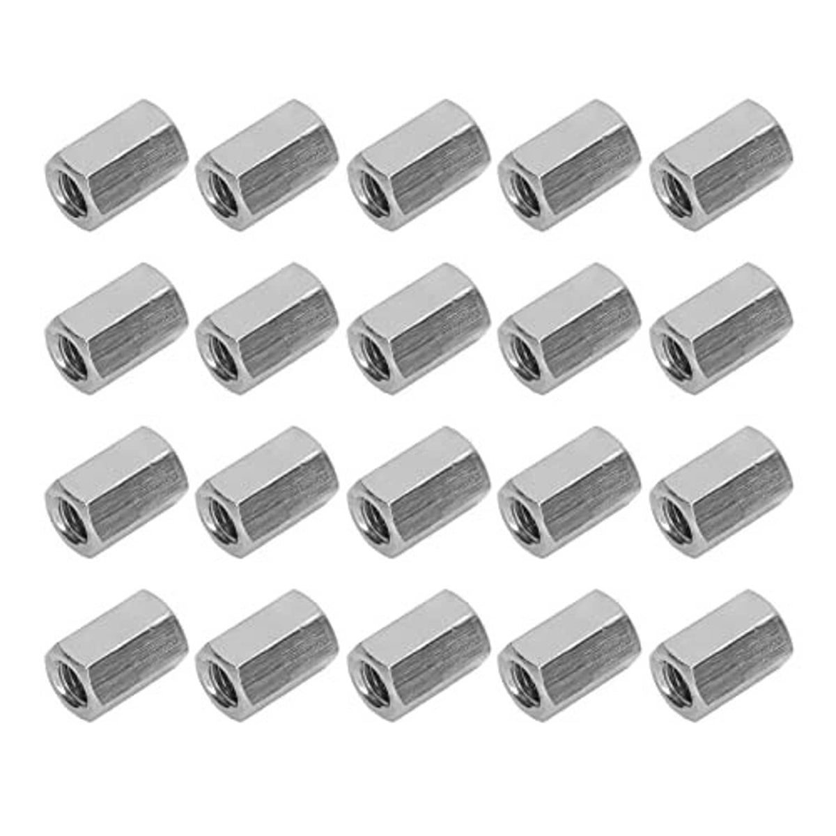 Set of shiny silver stainless hex coupling nuts with internal threads