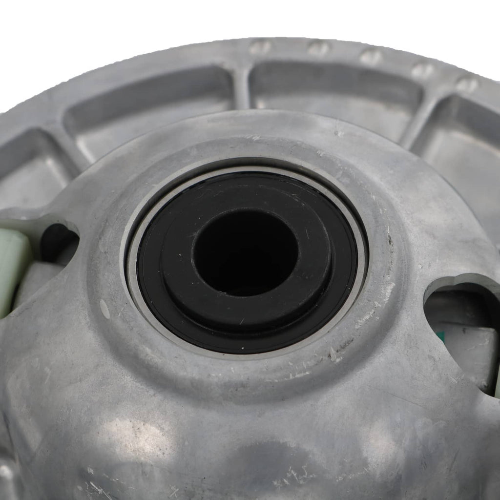 Secondary driven clutch center opening with black bushing and surrounding silver housing