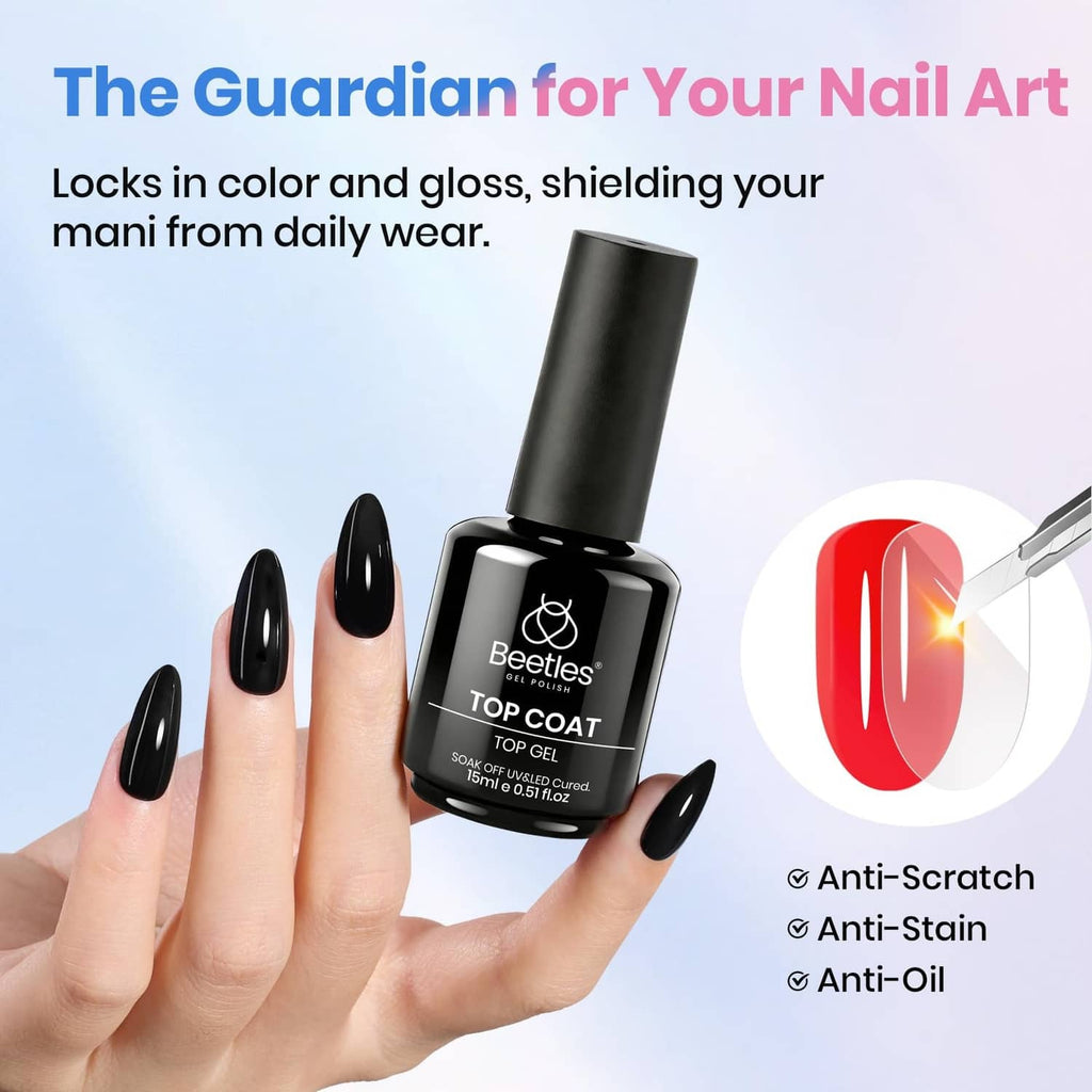 Beetles top coat bottle beside manicured black nails on hands