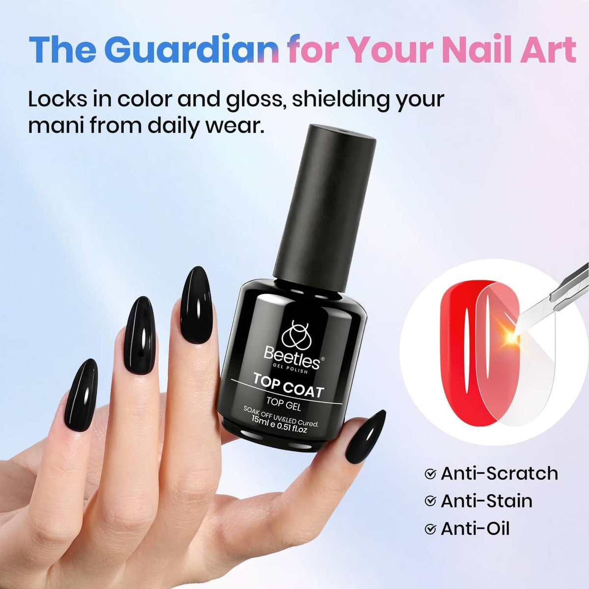 Beetles top coat bottle beside manicured black nails on hands