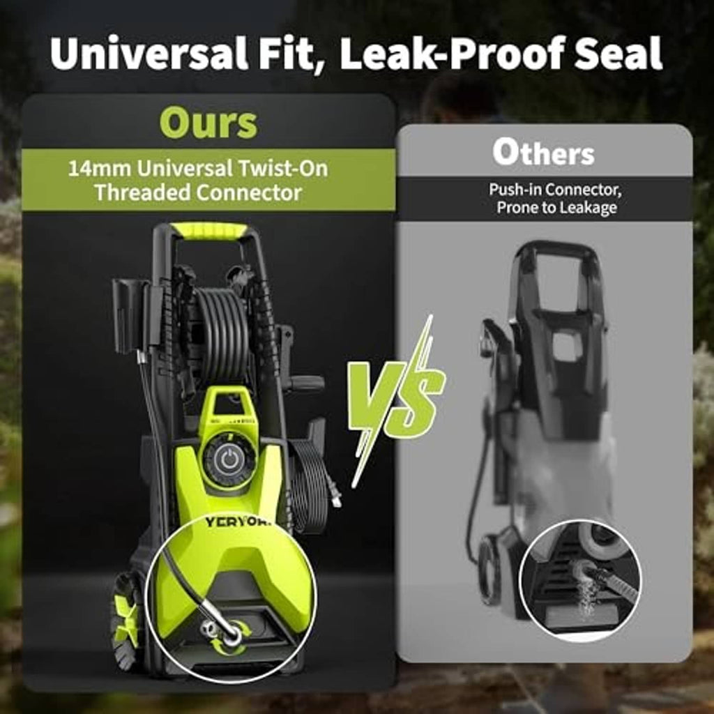 Electric pressure washer with universal threaded connector shown on lime green unit