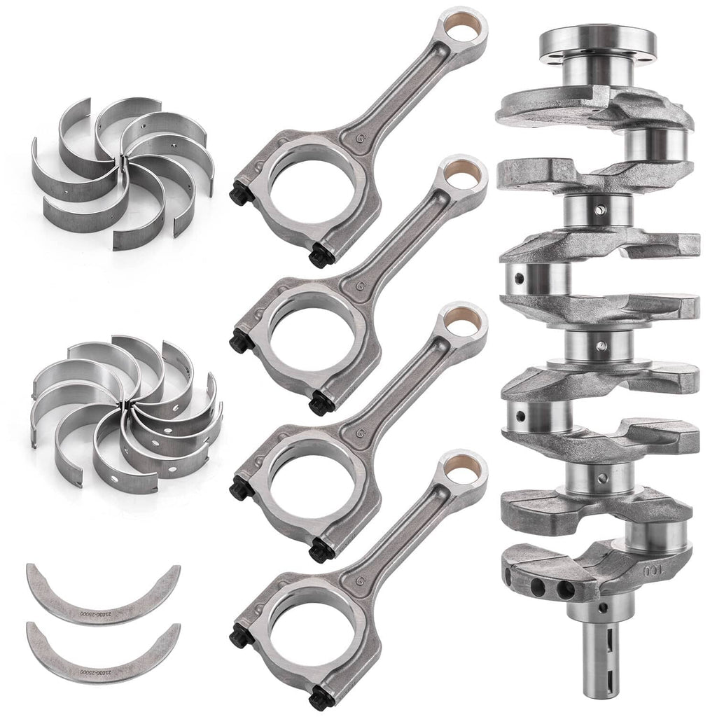 Crankshaft connecting rod bearing kit showing connecting rods, bearing shells, and crankshaft