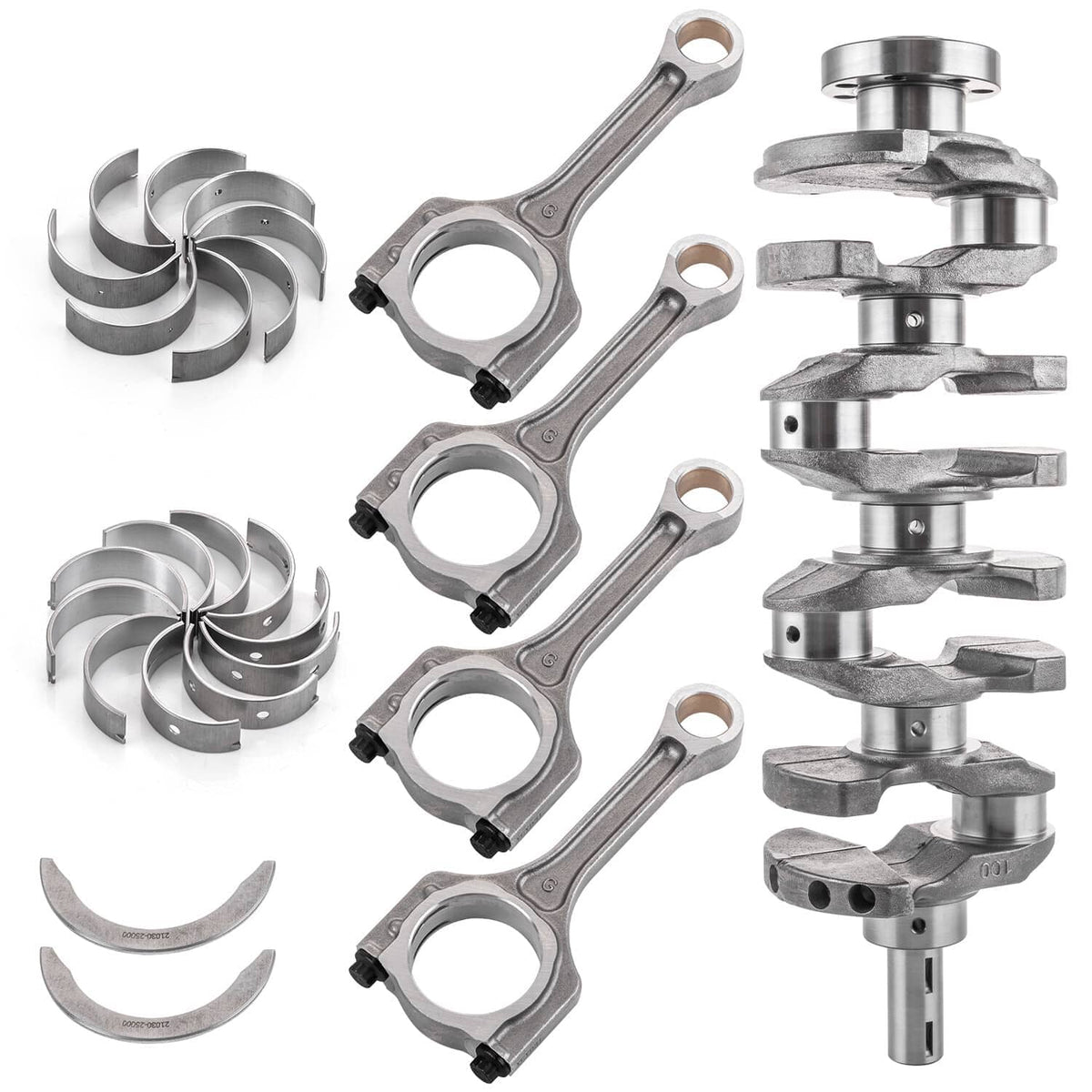 Crankshaft connecting rod bearing kit showing connecting rods, bearing shells, and crankshaft