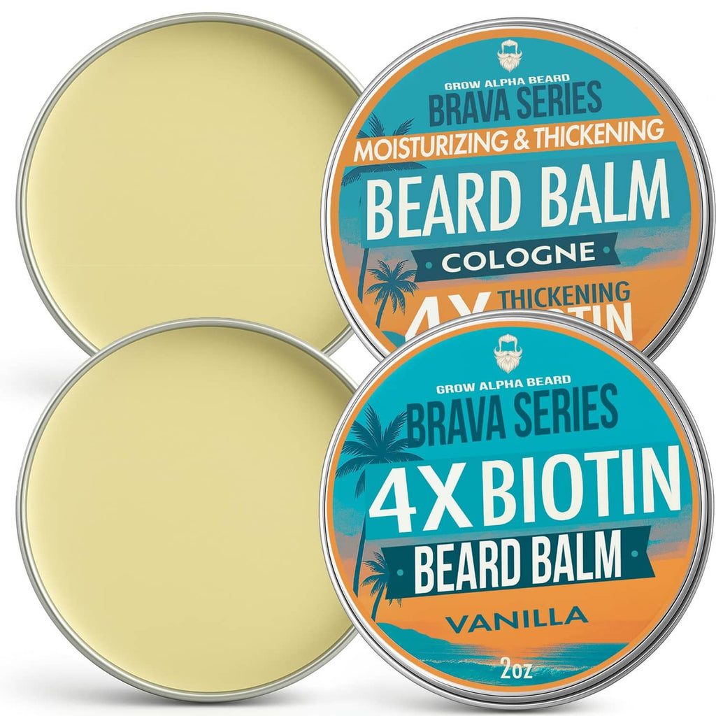 Beard balm tins set with silver lids and teal labels for 4x biotin, 2 oz each
