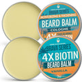 Beard balm tins set with silver lids and teal labels for 4x biotin, 2 oz each