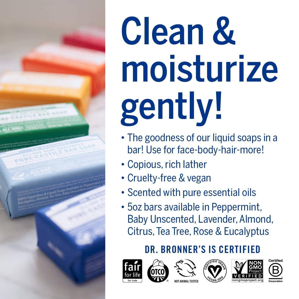Dr. Bronner's Pure-Castile bar soap info panel with blurred colored bars