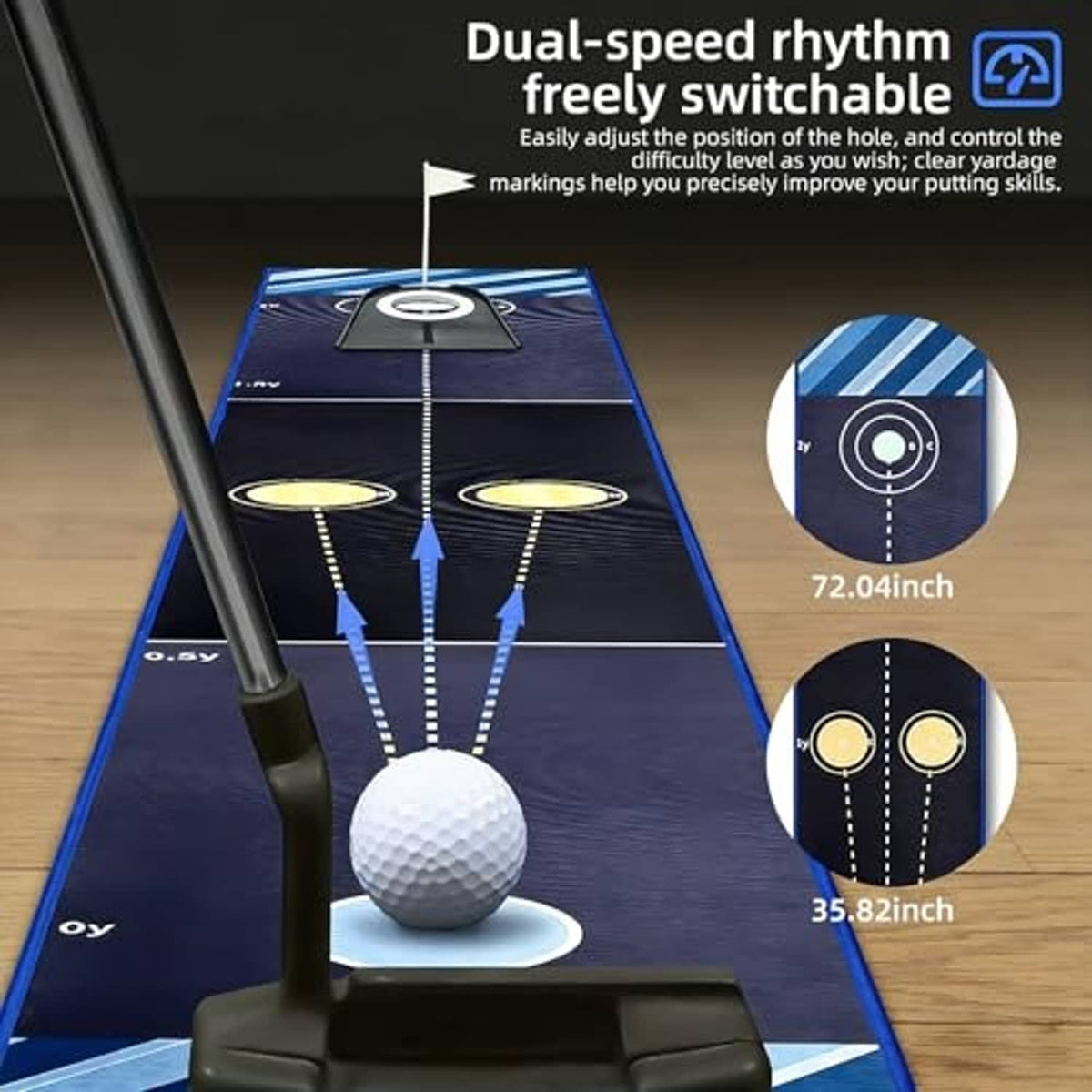 Golf putting green mat with ball on dashed lanes and three target holes