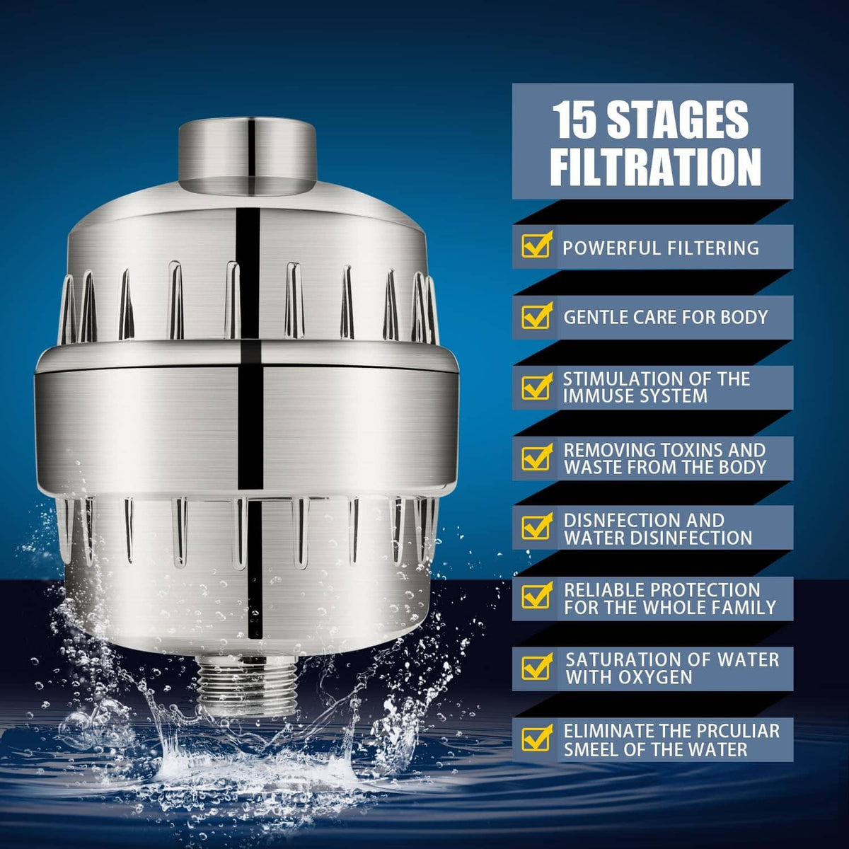 Shower head with filter, large round spray face and central threaded hose connection