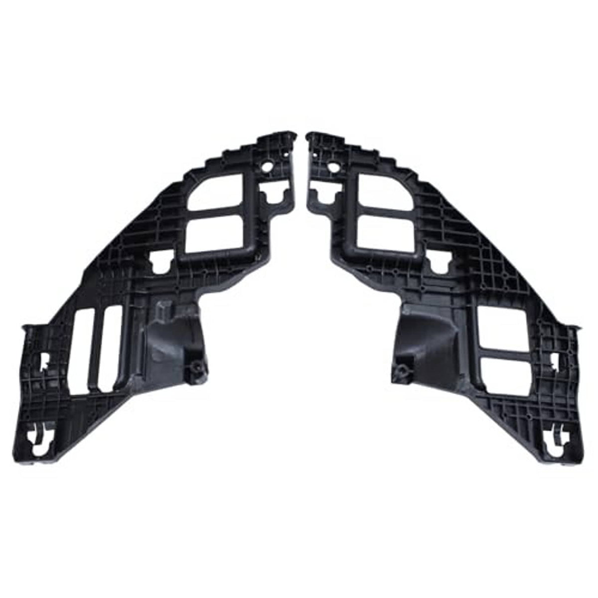 Front headlight guide support brackets with grille-like plastic backing, black