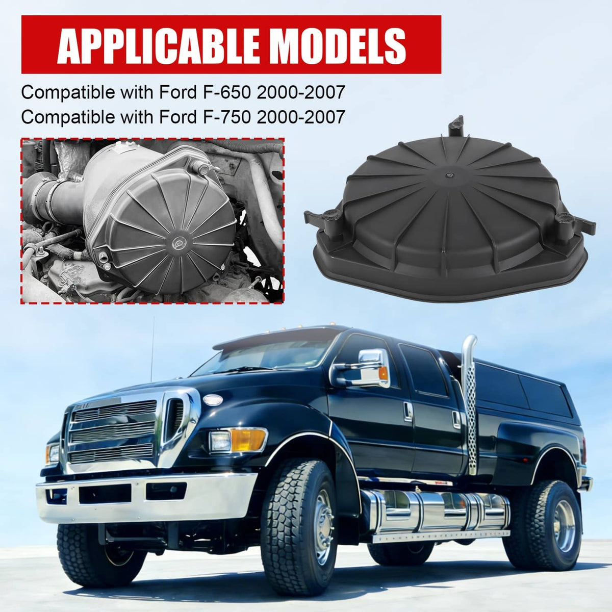 Black round air filter cover lid latch top with side latch tab and central fastener
