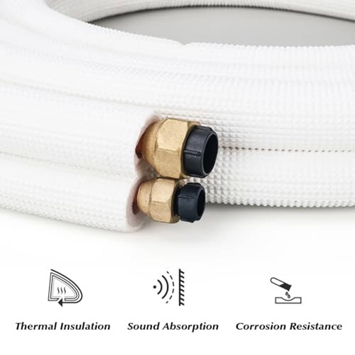 Mini split line set with gold brass fittings and black rubber caps on white insulation