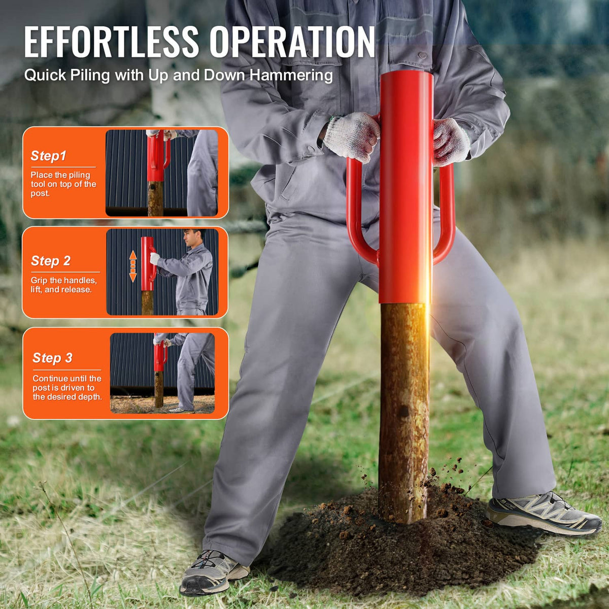 Fence post pounder striking a wooden post with red driver tube and dual handles
