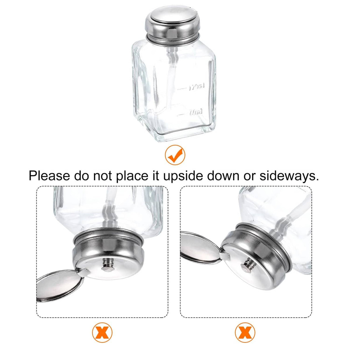 Clear glass solvent dispenser bottle with metal cap and push-down top