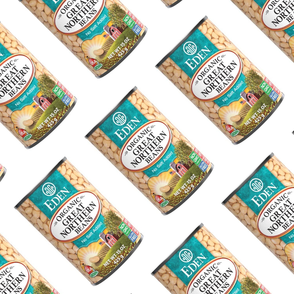 Assorted Eden organic great northern beans cans, no salt added