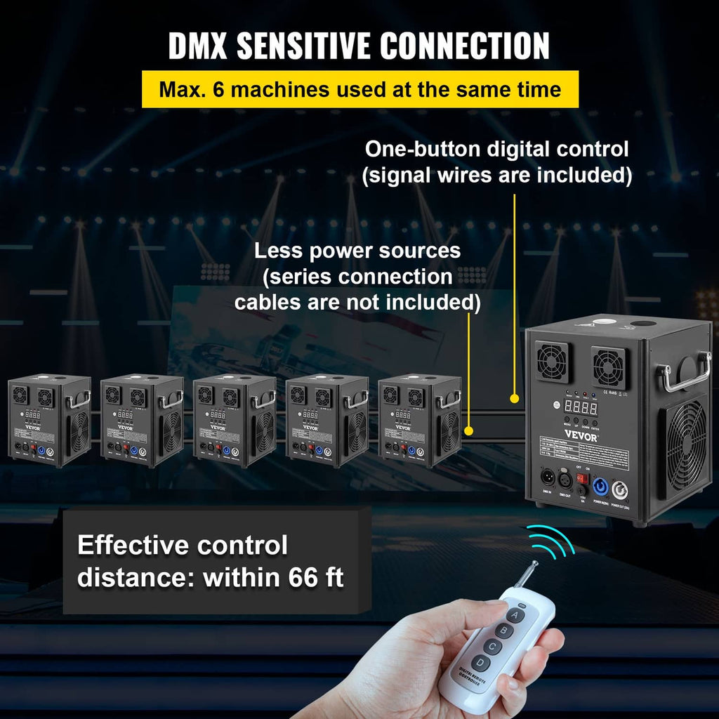 DMX cold spark machine with digital display and wireless remote, multiple units shown