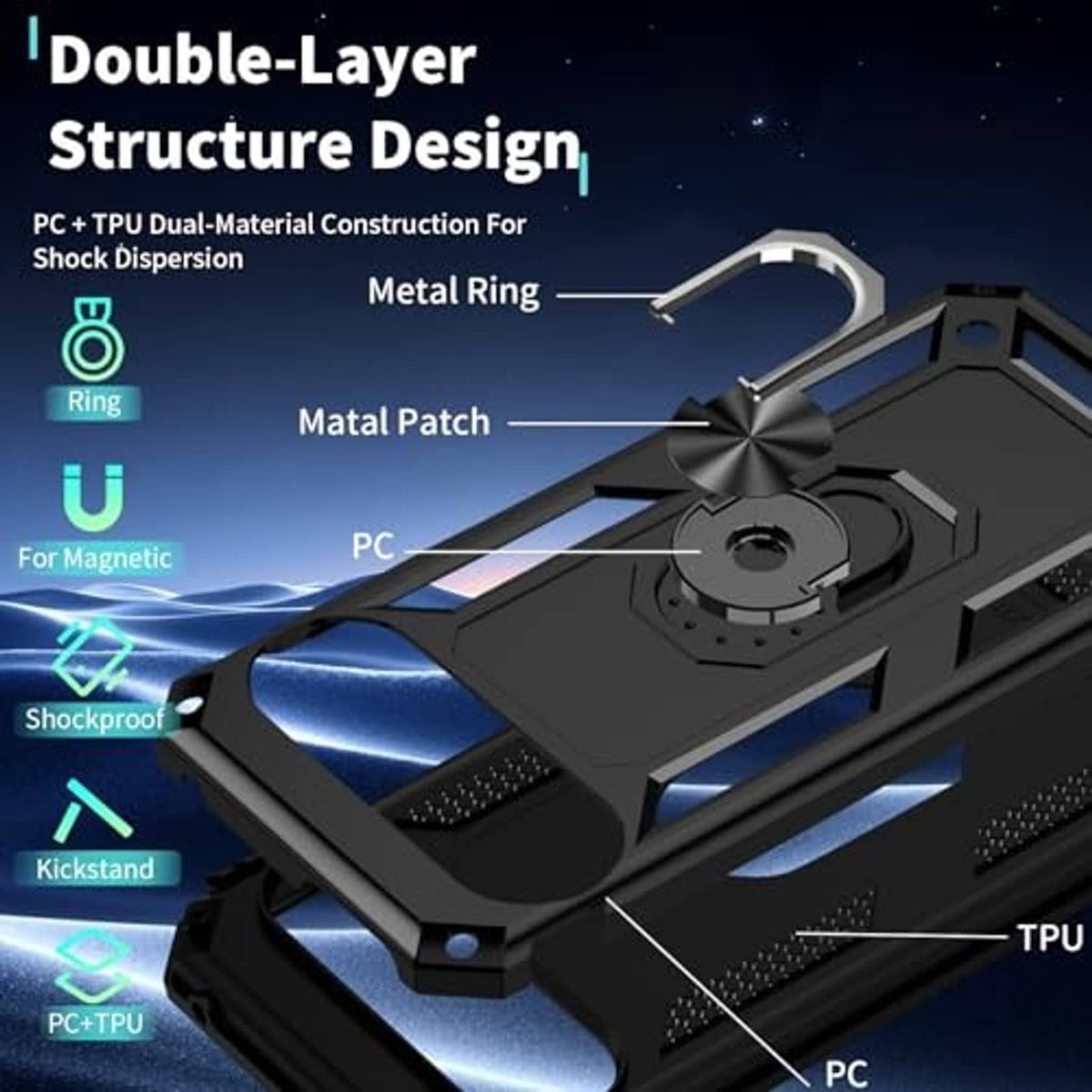 Black dual-layer rugged case design with metal ring and reinforced TPU and PC panels