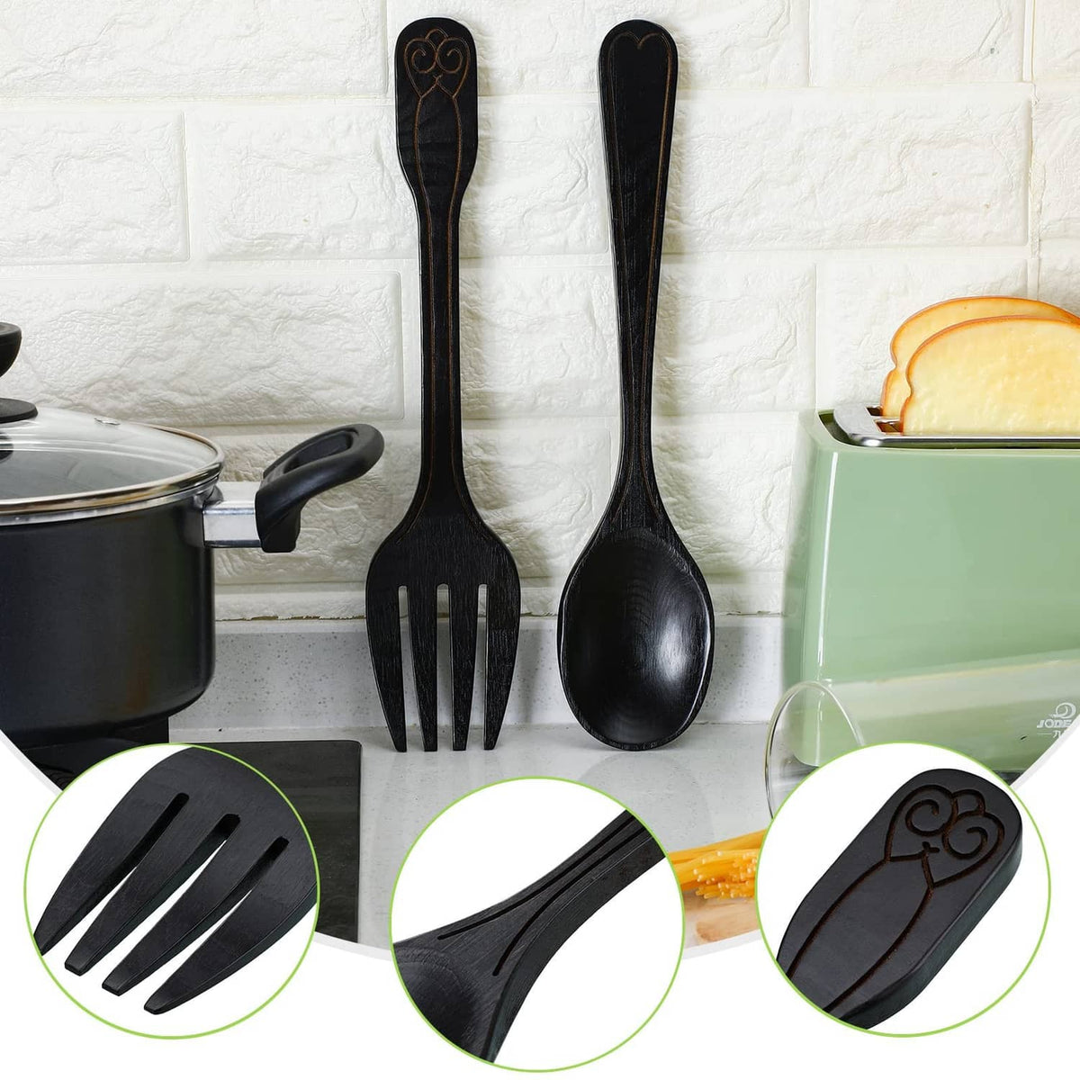 Fork and spoon wall decoration set, dark metal with embossed handles and textured tines