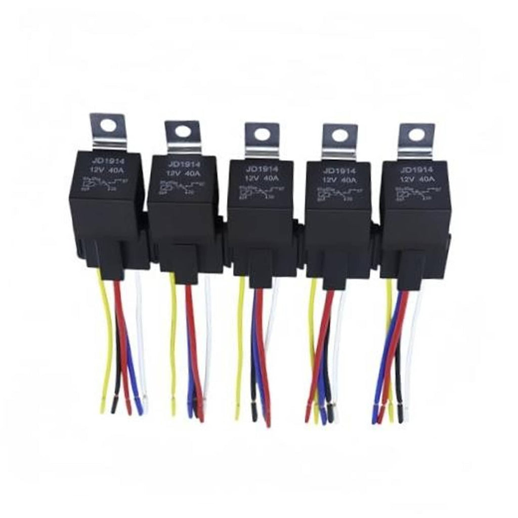 Set of five black automotive relays with multi-color connector wire leads