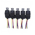 Set of five black automotive relays with multi-color connector wire leads
