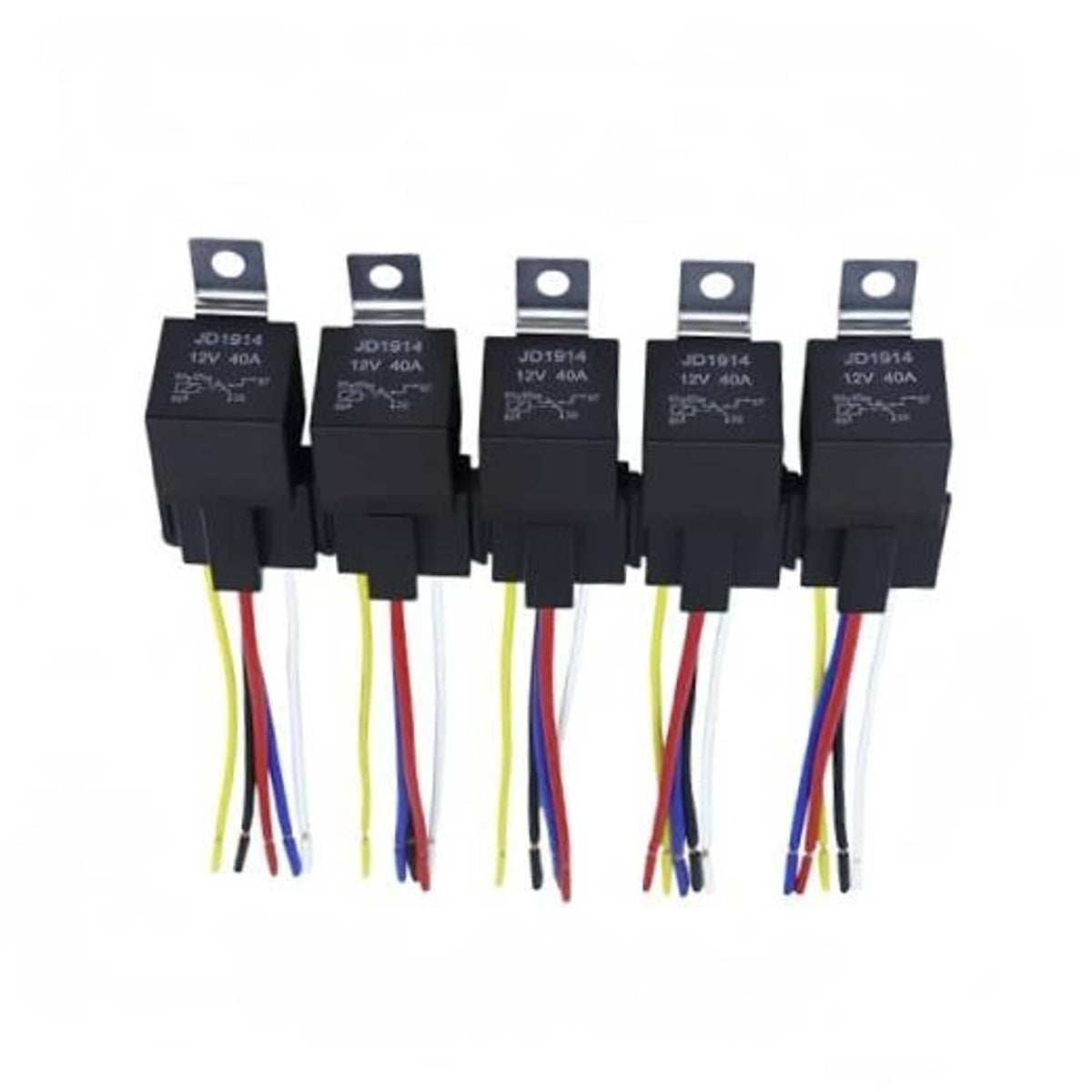 Set of five black automotive relays with multi-color connector wire leads