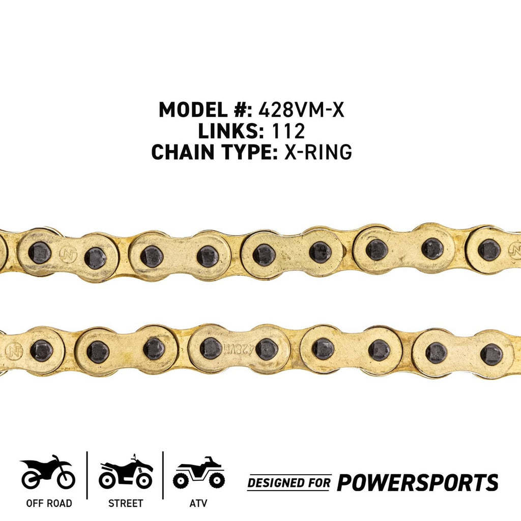 Gold X-ring drive chain with black O-rings, viewed from the side