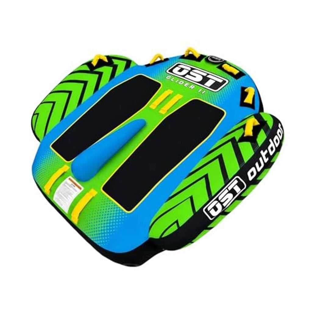 Two-person towable boat tube with blue center fin, green graphics, and twin side handles