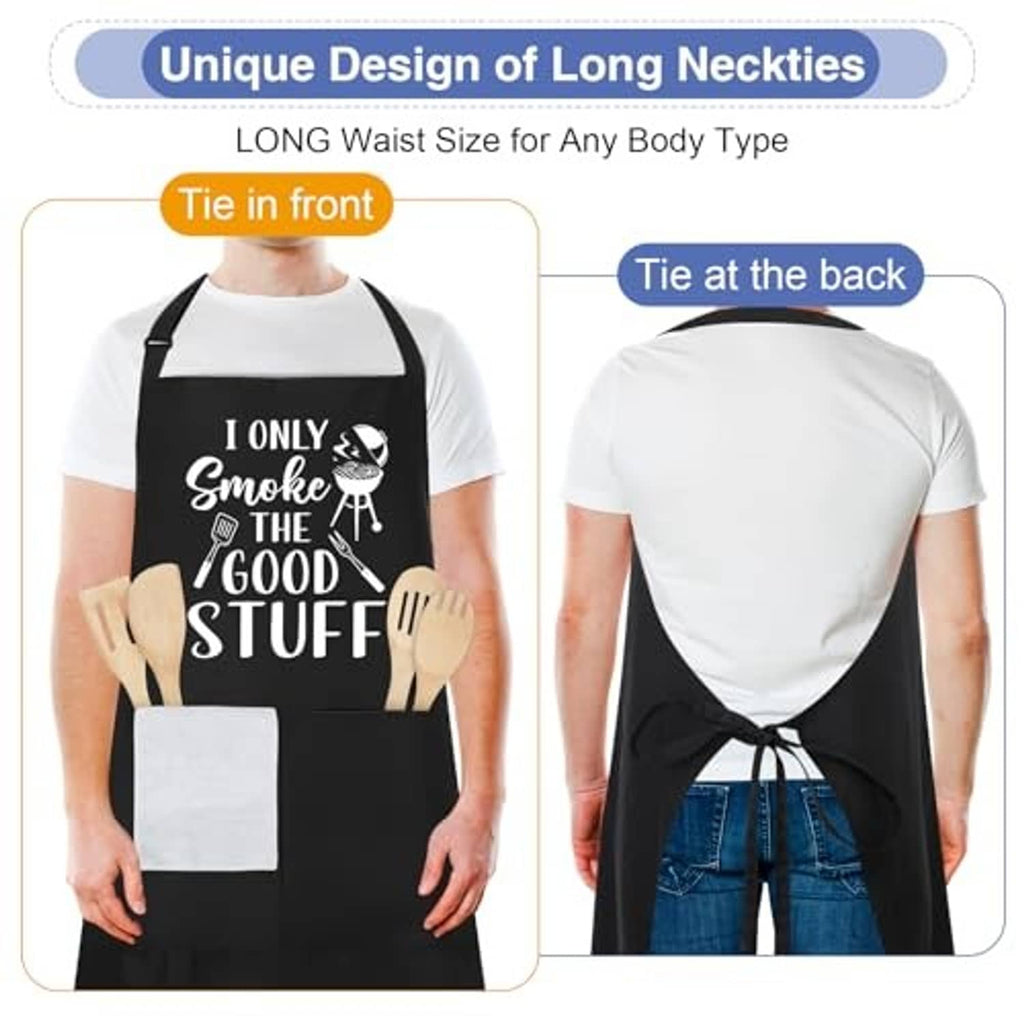 Black apron with long neck ties that tie at the back; smoke grill graphic