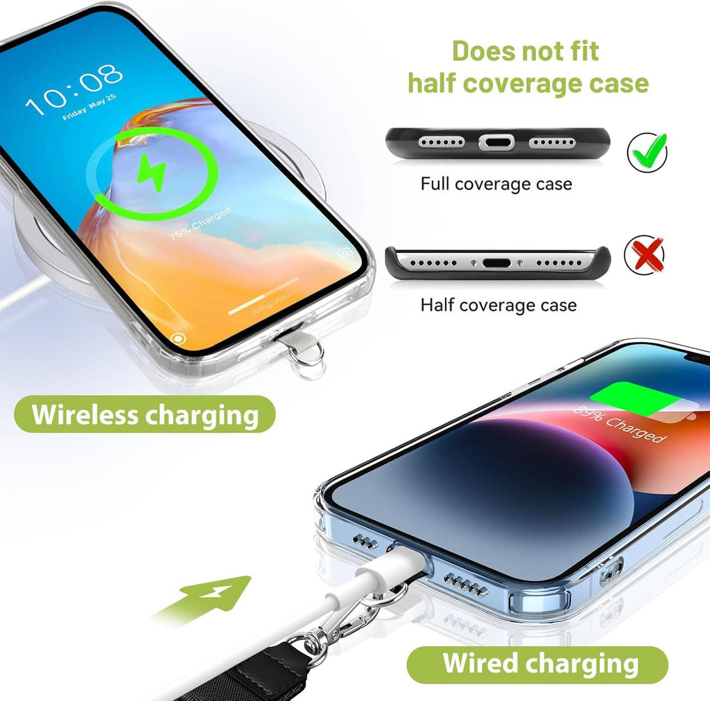 Clear phone case lanyard with metal clip, shown with wired and wireless charging